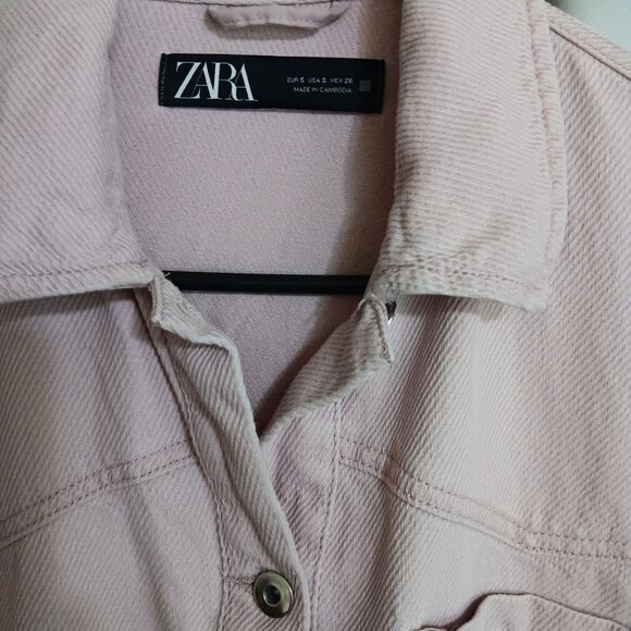 Zara Oversized Lt Pink Sz S Denim Shacket Raw Hem Button Down Lapel Collar - Picture 3 of 11